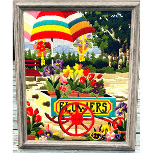 Vintage Framed Flower Cart In Park Hand Crafted Yarn Stitched Art Work Colorful